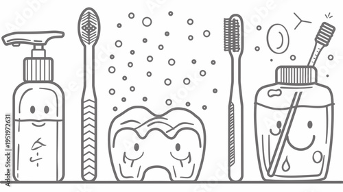 A grayscale, cartoon-style illustration featuring various dental hygiene items with cute faces