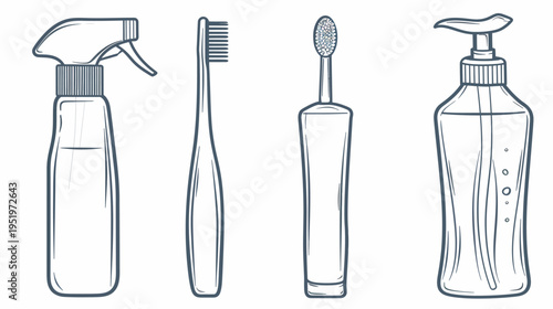 A line drawing of hygiene items spray bottle, toothbrush, and soap dispenser