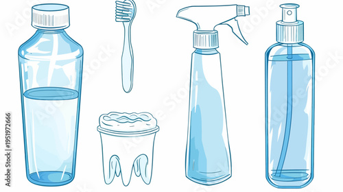 Cartoon style illustration of hygiene products, like mouthwash, toothbrush, spray bottles, on a white background