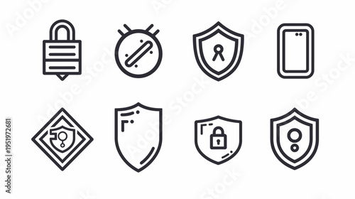 Collection of eight modern, outline-style security and technology-related icons in a clean style