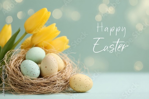 Easter Eggs in Bird Nest with Yellow Tulips on Light Blue Background