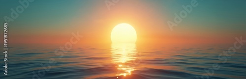 Vast ocean meets sky at sunrise. Golden sun reflects on rippling water surface creating bright path. Calm sea water with gentle waves under colorful sky.