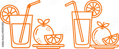 Fresh orange juice glass with straw and fruit slices line art vector illustration for healthy breakfast or summer beverage