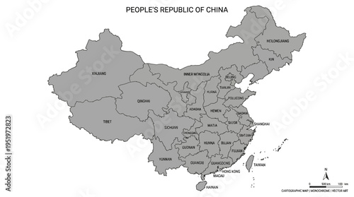 Gray map of People's Republic of China.