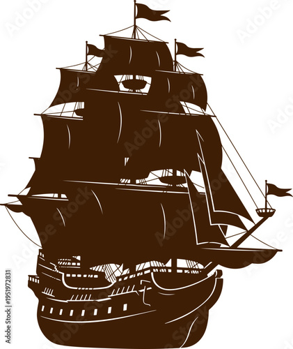 Grand historic sailing ship, a detailed vector silhouette of an old vessel with multiple masts and full sails