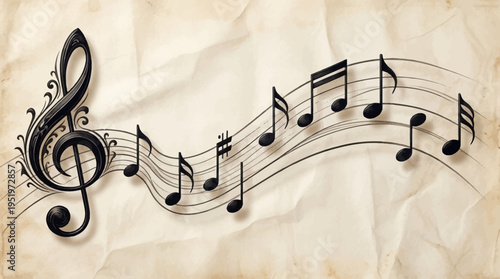 A musical treble clef and notes on parchment.