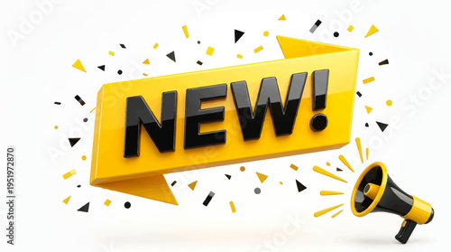 New announcement with megaphone and confetti.