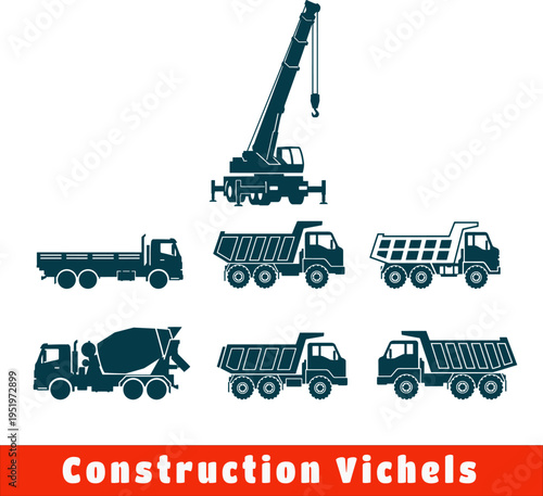 Industrial construction vehicles set including crane truck mixer and dumpers for heavy machinery engineering building work