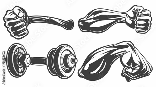 A stylized illustration depicting muscular arms flexing and a dumbbell. Four graphic elements
