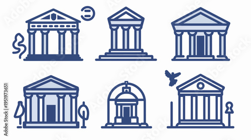 Collection of stylized, vector illustrations of iconic buildings with classical architecture