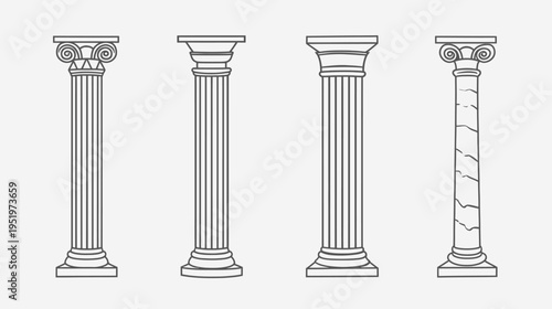 Four architectural columns, each with a different design, from various classical periods