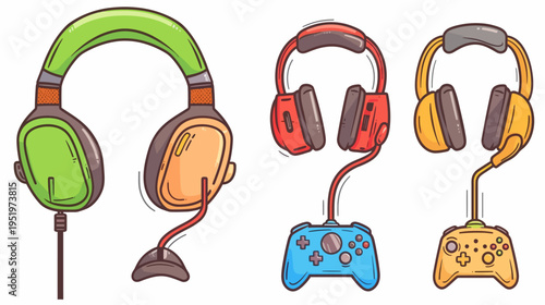 Cartoon illustration of headphones and game controllers, various styles and colors