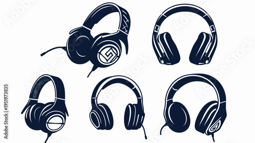 Illustration of five uniquely designed dark blue headphones over a white background