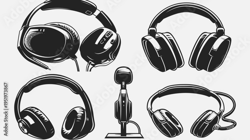 Black and white illustration of various gaming headsets and a microphone on a white background