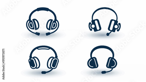 Four sketchy headset icons with microphones are arranged in a square on a white backdrop