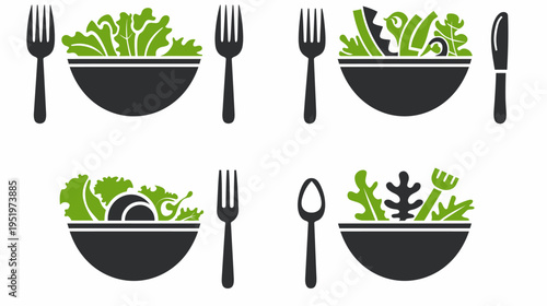 Graphic of salad bowls with utensils, rendered in green and gray on white background