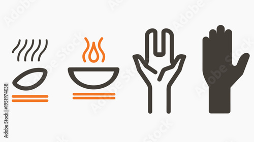 Iconographic representation of heated food and human hands, outlined in two colors