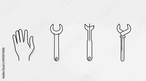 Line drawing of human hand and three different types of wrench tools