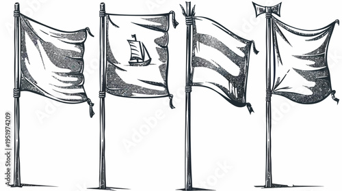 Four drawn, vintage, flags on poles, each with a unique design and texture