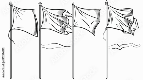 Line drawing Four flags with different levels of wind, mounted on poles. Black and white