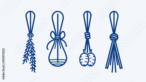 Four blue, knotted hanging ornament drawings with varying decorations on white background