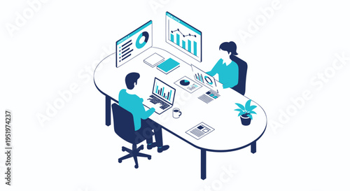 Vector illustration of two people working at office desk with computers and documents