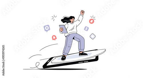 Vector illustration of woman surfing on smartphone with social media icons