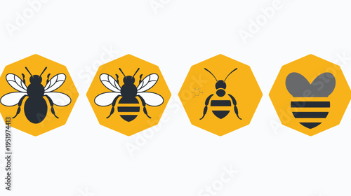 Four stylized bee icons in hexagons, black, white, and gray on yellow, arranged in a row