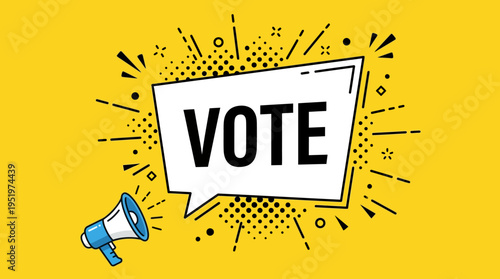 Voting concept with megaphone on yellow background.
