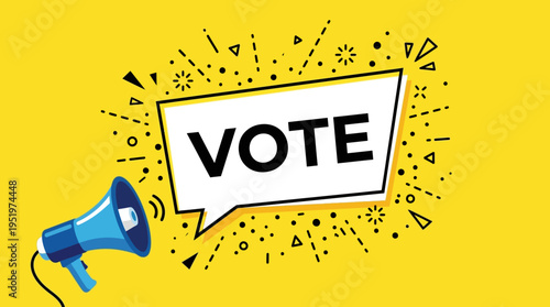 Voting concept with megaphone on yellow background.