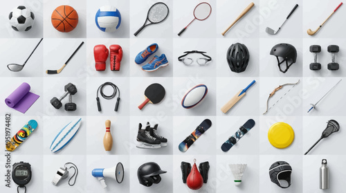 Collection of various sports equipment and gear.
