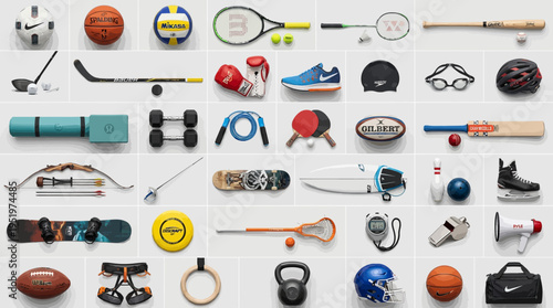 A variety of sports equipment and gear.