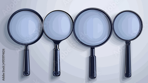 Four magnifying glasses lined up on a grey surface, cartoon style image
