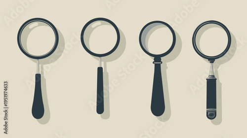 Four illustrated magnifying glasses, each with a different handle shape