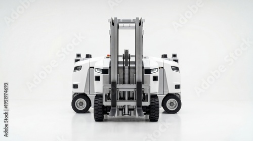Rear View of Modern White Industrial Forklift Truck for Warehouse Logistics