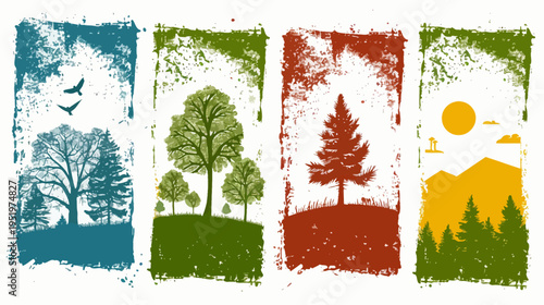Textured quartet of nature scenes with trees, mountains, birds, and sun in panels