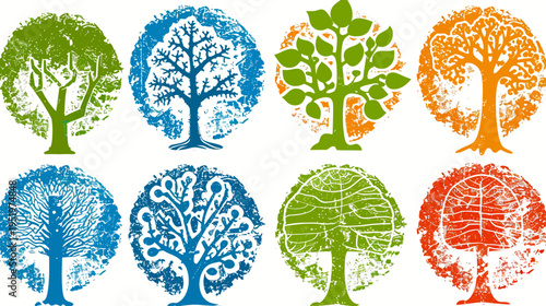 Colorful tree icons, featuring textured designs in green, blue, orange, and red hues