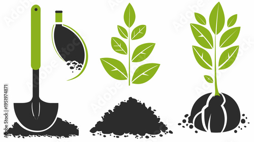 Icons of garden tools, seed packet, soil, and plants with leaves, green and black