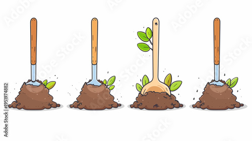 Four gardening tools planted in soil with small green plants
