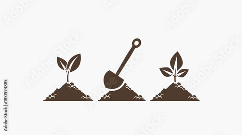 Seedlings sprout on piles of soil; a small shovel stands in the middle ground