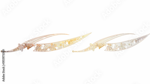 Decorative, textured swords with curved blades and ornamental grips on a white background