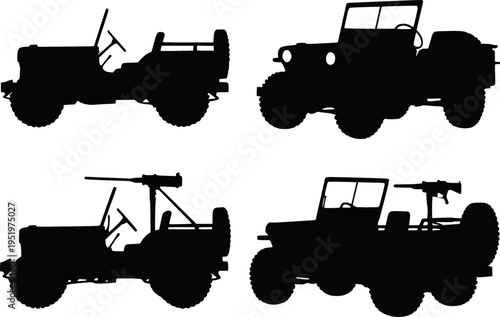 Military jeep off road vehicle silhouette set vector illustration

