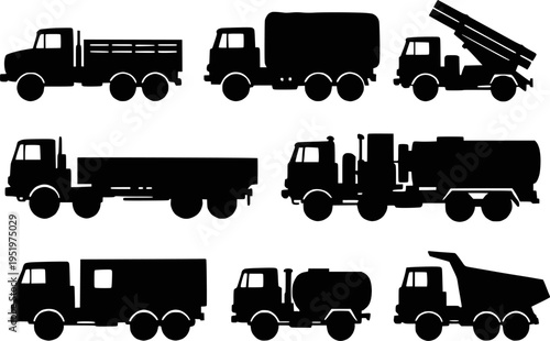 Military truck silhouette set vector illustration