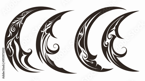 Four crescent shapes, adorned with elegant swirls and tribal patterns, set on white