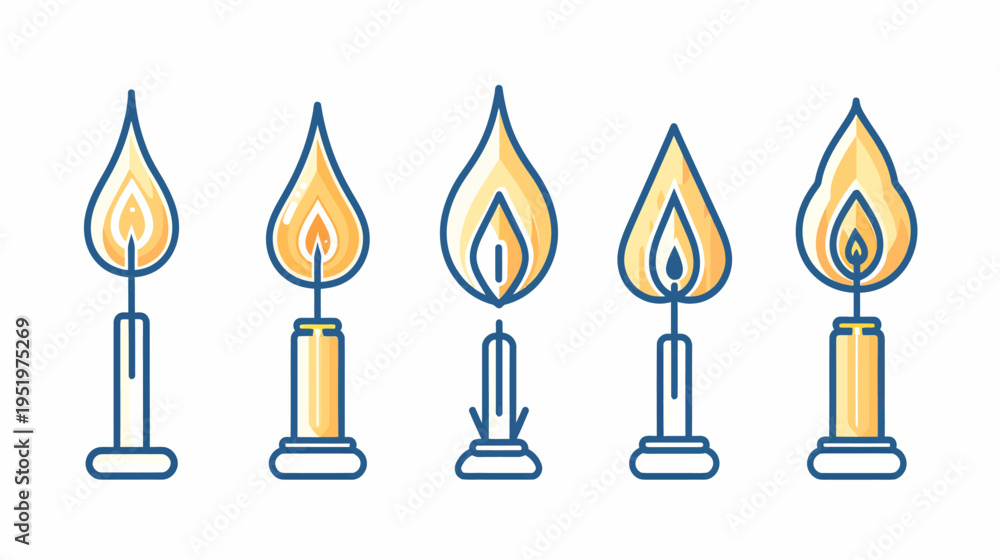 Obraz premium Five cartoon style lit candles with varying flame designs on a white background