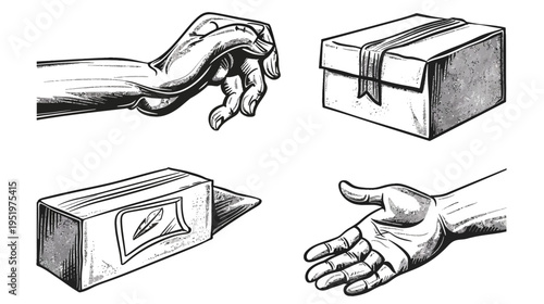 Monochrome illustration of hands interacting with packages in different orientations