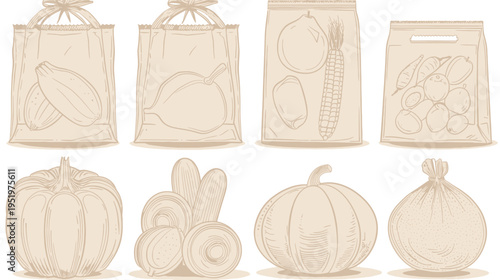 Line-art of produce in bags. Vegetables and fruit depicted with shading and simple linework
