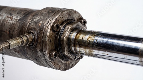 Close Up View of Heavy Duty Industrial Hydraulic Cylinder and Piston