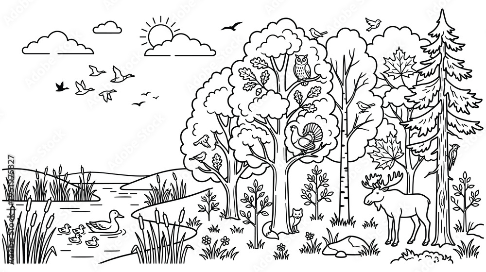 Obraz premium Forest landscape nature scene trees animals river plants wildlife outdoor illustration