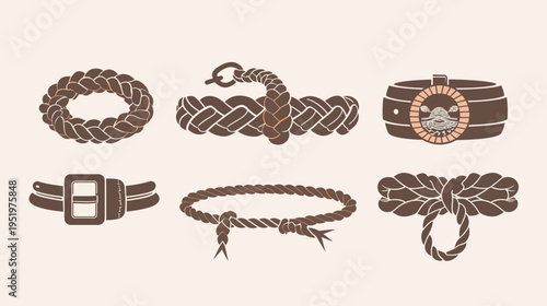 Six illustrated rope objects; a ring, barrel with wave symbol, belts, ties